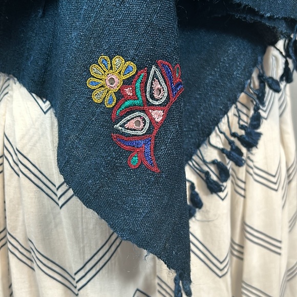 Petroleum Green Cotton Embroidered Tasseled Scarf - Picture 8 of 17